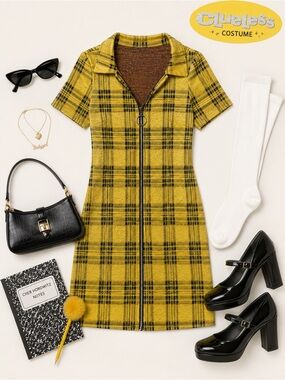 Yellow Plaid Zip-Front Mini Dress Clueless Cher Vintage 90’s Inspired Size Large
